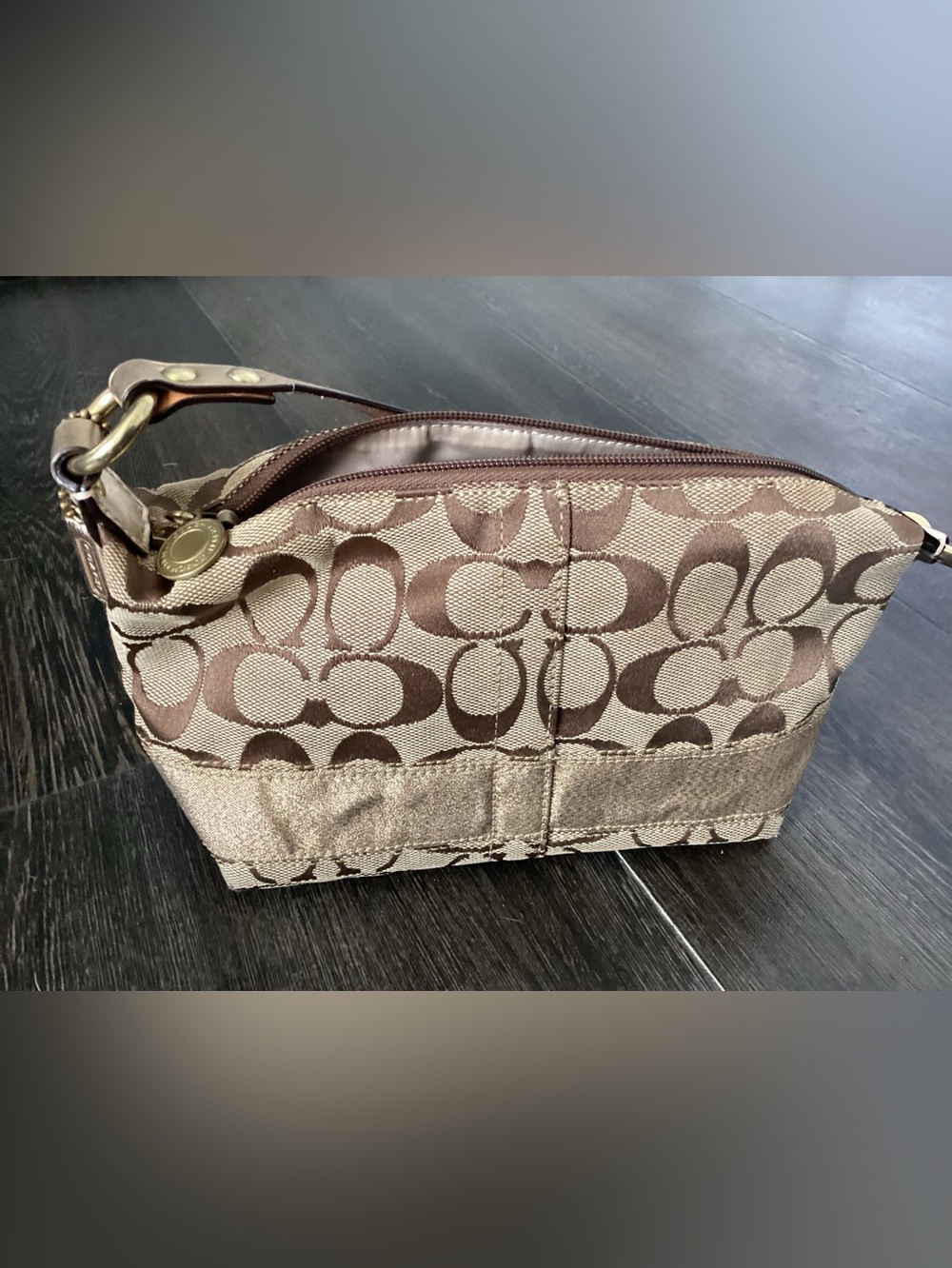 Coach Tan Signature Jacquard Shoulder Bag with Gold Metallic Accents